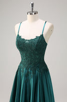 Load image into Gallery viewer, Dark Green A Line Satin Beaded Long Prom Dress with Appliques