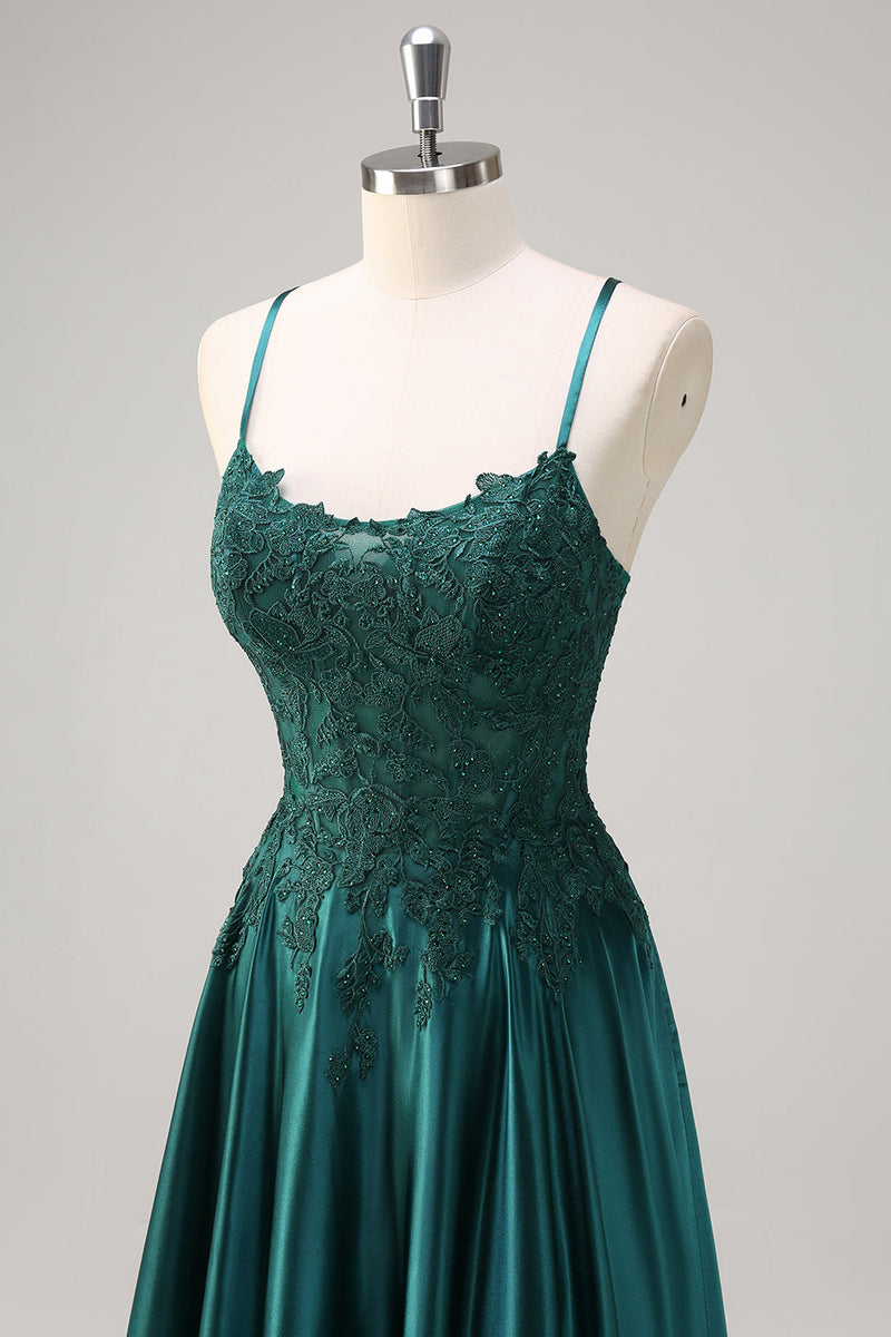 Load image into Gallery viewer, Dark Green A Line Satin Beaded Long Prom Dress with Appliques