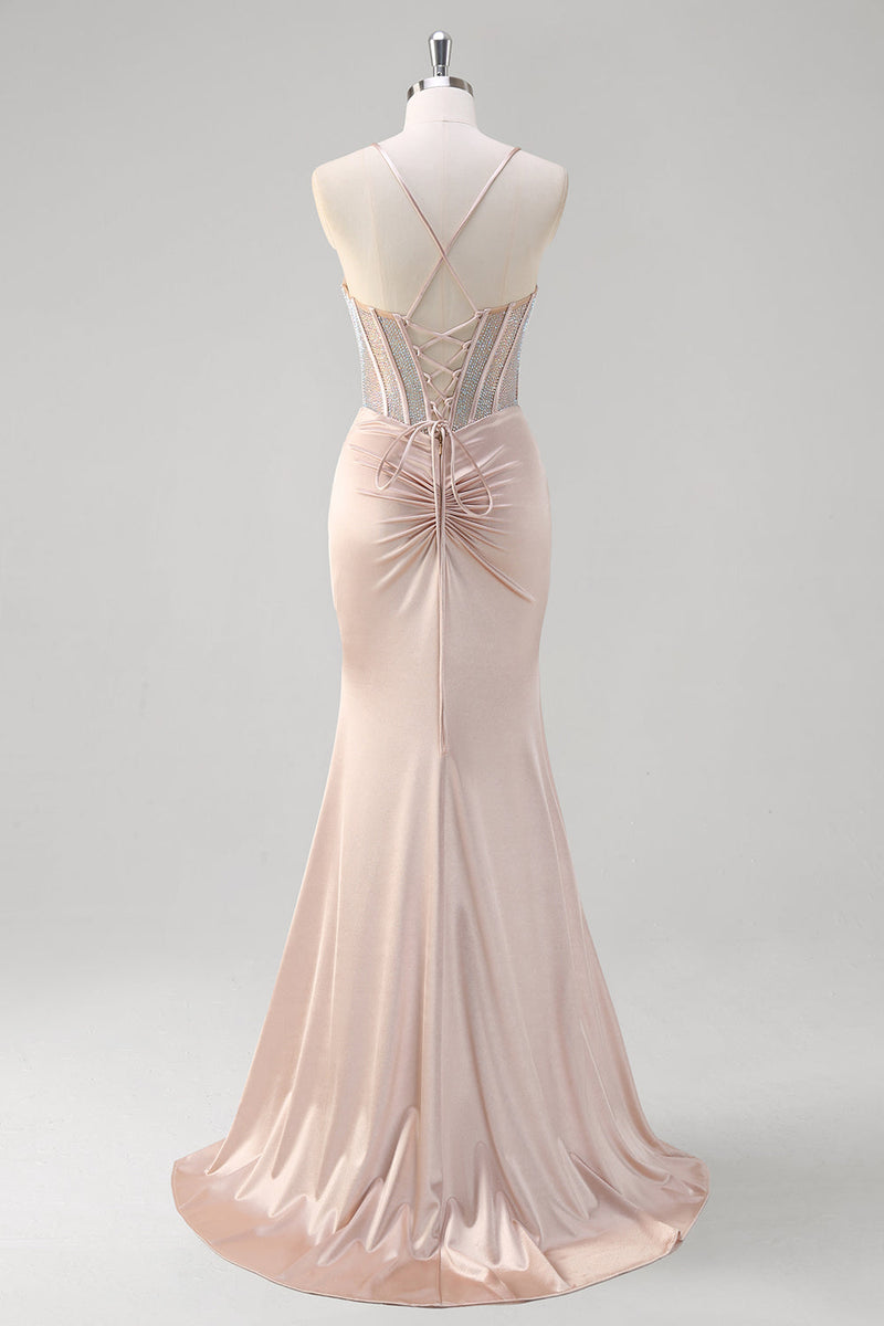 Load image into Gallery viewer, Mermaid Blush Spaghetti Straps Corset Beaded Long Prom Dress