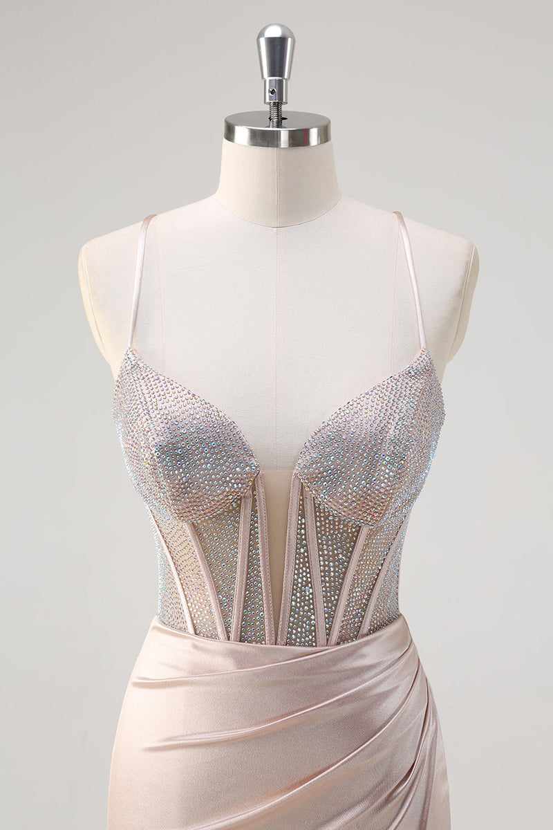 Load image into Gallery viewer, Mermaid Blush Spaghetti Straps Corset Beaded Long Prom Dress