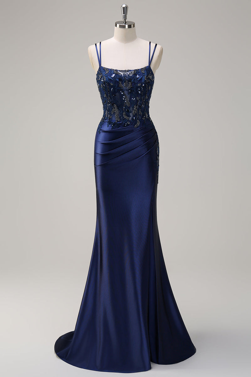 Load image into Gallery viewer, Navy Mermaid Spaghetti Straps Corset Ruched Long Prom Dress