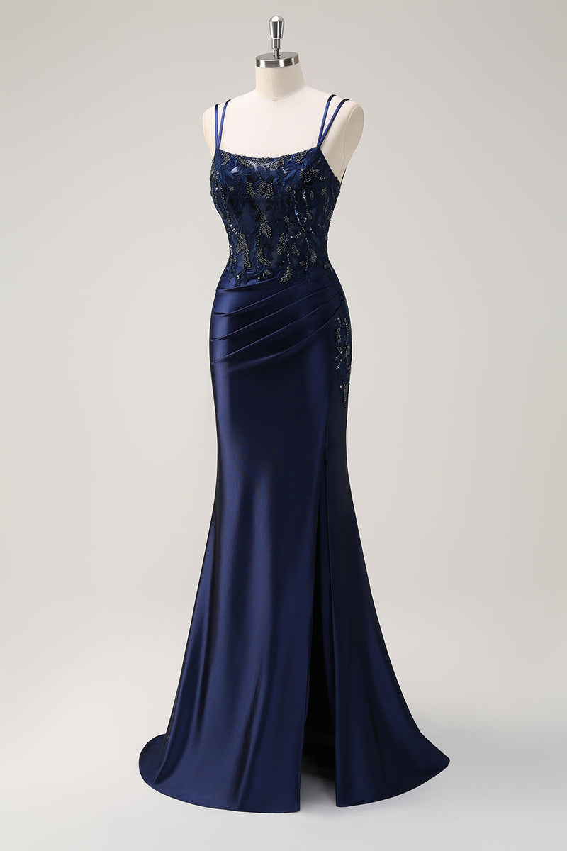 Load image into Gallery viewer, Navy Mermaid Spaghetti Straps Corset Ruched Long Prom Dress