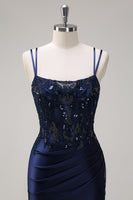 Load image into Gallery viewer, Navy Mermaid Spaghetti Straps Corset Ruched Long Prom Dress