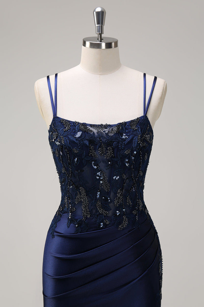 Load image into Gallery viewer, Navy Mermaid Spaghetti Straps Corset Ruched Long Prom Dress