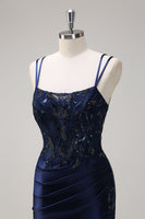 Load image into Gallery viewer, Navy Mermaid Spaghetti Straps Corset Ruched Long Prom Dress