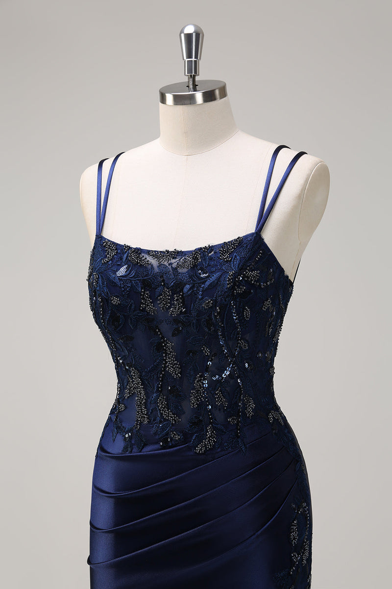 Load image into Gallery viewer, Navy Mermaid Spaghetti Straps Corset Ruched Long Prom Dress