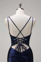 Load image into Gallery viewer, Navy Mermaid Spaghetti Straps Corset Ruched Long Prom Dress