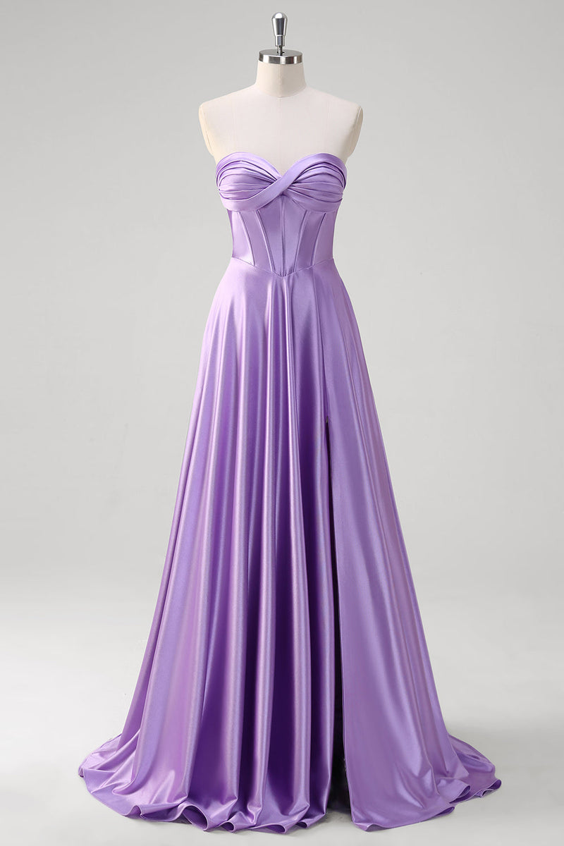 Load image into Gallery viewer, Purple Strapless A Line Sweetheart Corset Long Prom Dress