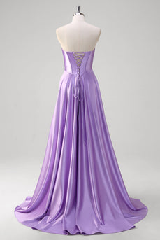 Purple Strapless A Line Sweetheart Corset Long Prom Dress