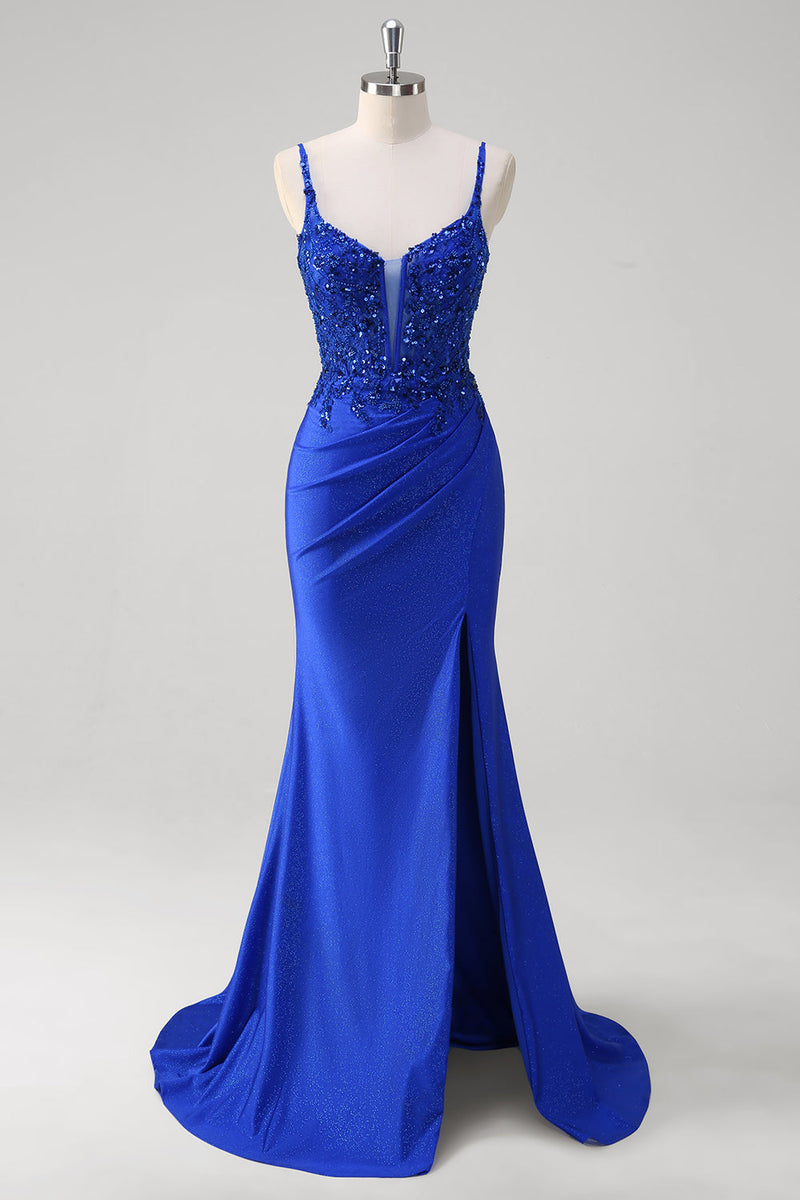 Load image into Gallery viewer, Glitter Royal Blue Mermaid Corset Prom Dress with Slit