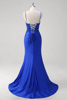 Load image into Gallery viewer, Glitter Royal Blue Mermaid Corset Prom Dress with Slit