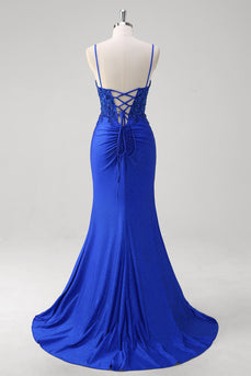 Glitter Royal Blue Mermaid Corset Prom Dress with Slit