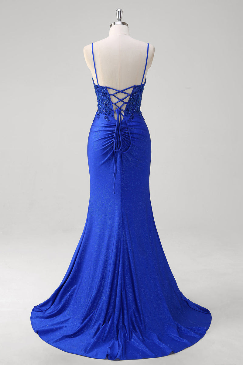 Load image into Gallery viewer, Glitter Royal Blue Mermaid Corset Prom Dress with Slit