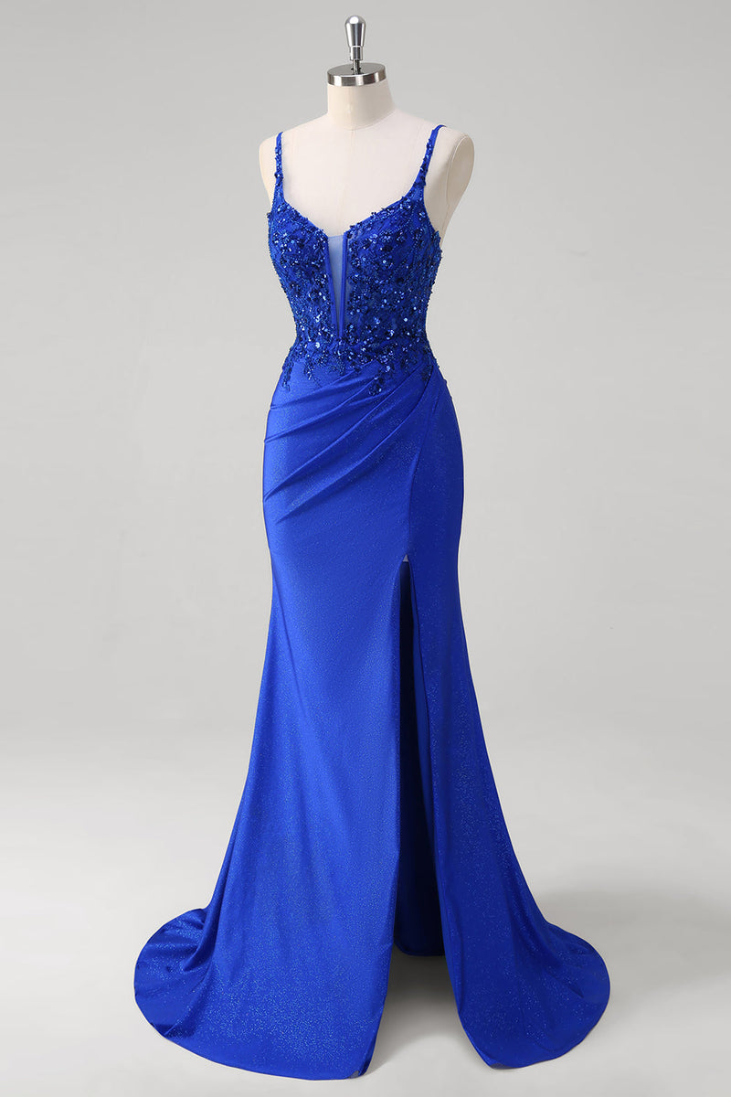 Load image into Gallery viewer, Glitter Royal Blue Mermaid Corset Prom Dress with Slit