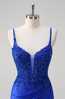 Load image into Gallery viewer, Glitter Royal Blue Mermaid Corset Prom Dress with Slit