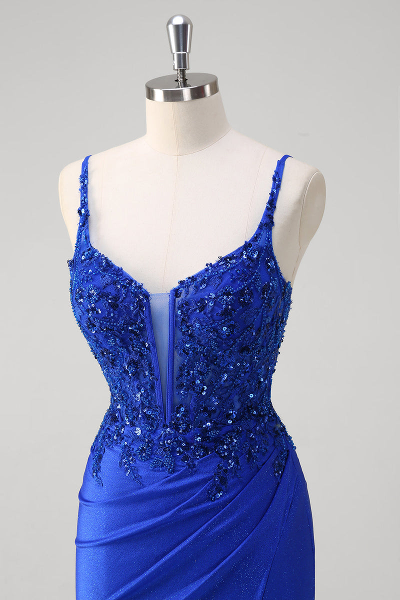 Load image into Gallery viewer, Glitter Royal Blue Mermaid Corset Prom Dress with Slit