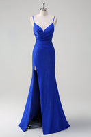 Load image into Gallery viewer, Glitter Royal Blue Mermaid Spaghetti Straps Ruched Long Prom Dress