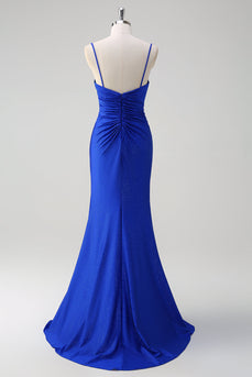 Glitter Royal Blue Mermaid Spaghetti Straps Ruched Long Prom Dress