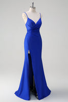 Load image into Gallery viewer, Glitter Royal Blue Mermaid Spaghetti Straps Ruched Long Prom Dress