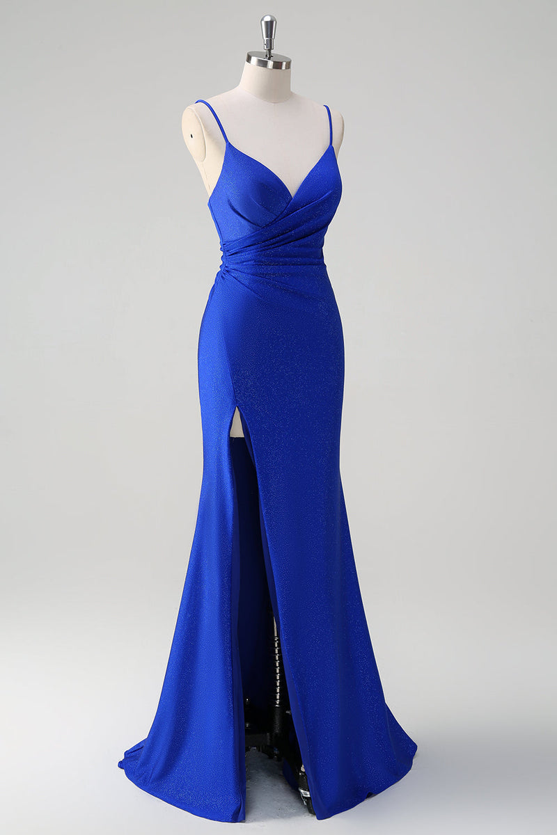 Load image into Gallery viewer, Glitter Royal Blue Mermaid Spaghetti Straps Ruched Long Prom Dress