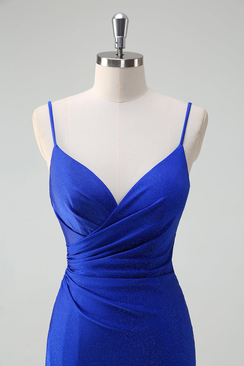 Load image into Gallery viewer, Glitter Royal Blue Mermaid Spaghetti Straps Ruched Long Prom Dress