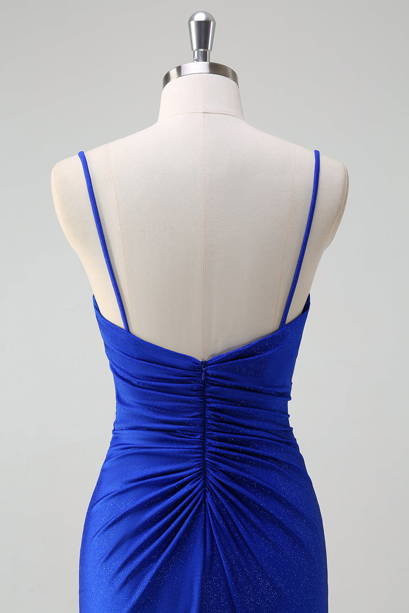 Load image into Gallery viewer, Glitter Royal Blue Mermaid Spaghetti Straps Ruched Long Prom Dress
