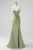 Load image into Gallery viewer, Green Mermaid Spaghetti Straps Corset Long Beaded Prom Dress