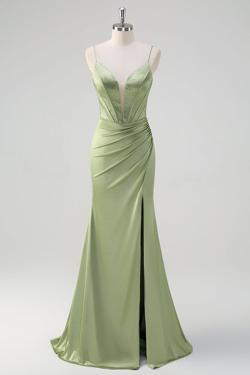 Load image into Gallery viewer, Green Mermaid Spaghetti Straps Corset Long Beaded Prom Dress