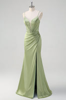Load image into Gallery viewer, Green Mermaid Spaghetti Straps Corset Long Beaded Prom Dress