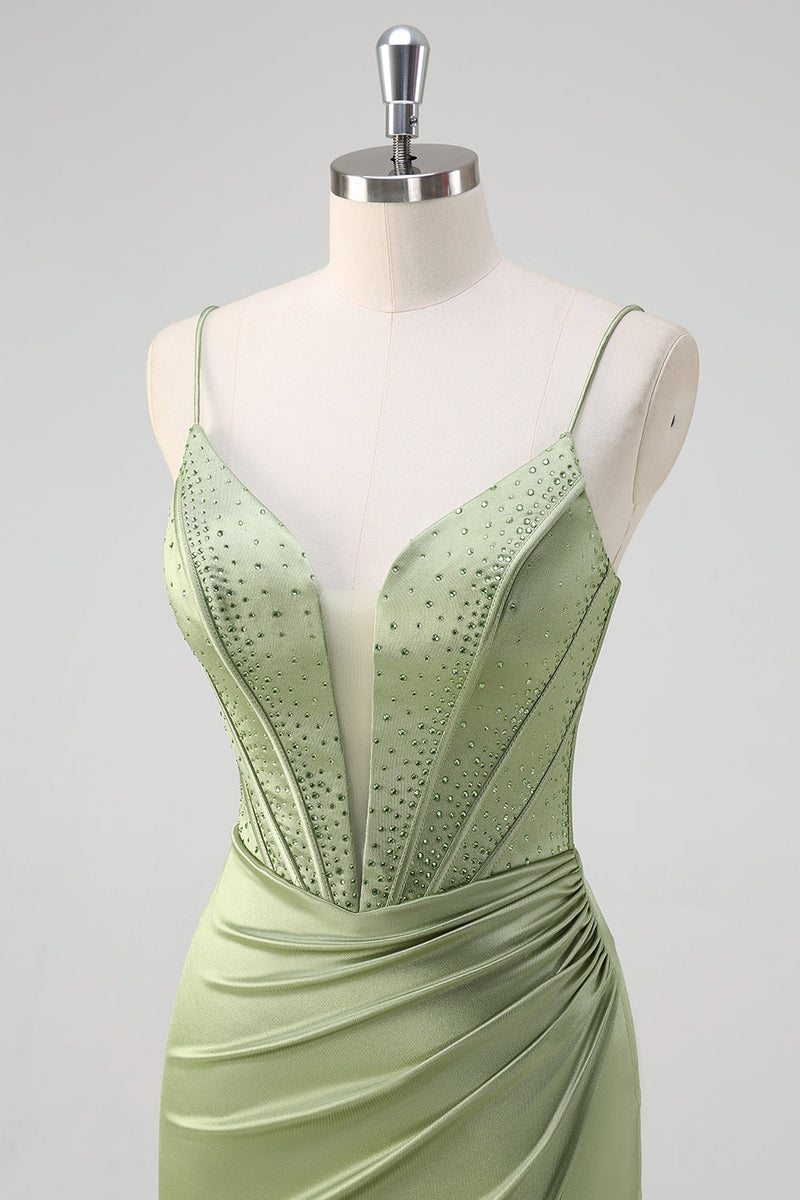 Load image into Gallery viewer, Green Mermaid Spaghetti Straps Corset Long Beaded Prom Dress
