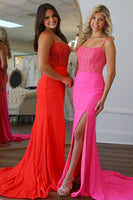 Load image into Gallery viewer, Fuchsia Corset Mermaid Spaghetti Straps Long Prom Dress with Slit