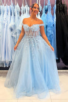 Load image into Gallery viewer, A Line Sparkly Sequins Corset Sky Blue Tulle Prom Dress