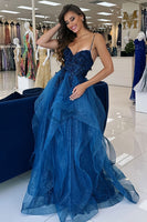 Load image into Gallery viewer, Blue Floral Appliques A Line Spaghetti Straps Prom Dress