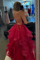 Load image into Gallery viewer, A Line Sparkly Sequins Fuchsia Spaghetti Straps Long Prom Dress