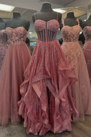 Load image into Gallery viewer, Sparkly Beaded Grey Blue Corset Spaghetti Straps Long Prom Dress