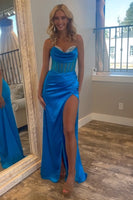 Load image into Gallery viewer, Sweetheart Royal Blue Mermaid Long Corset Satin Prom Dress with Beading