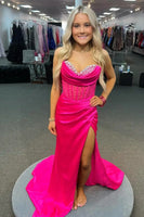 Load image into Gallery viewer, Sweetheart Royal Blue Mermaid Long Corset Satin Prom Dress with Beading