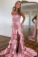 Load image into Gallery viewer, Sparkly Sequins Blush Strapless Mermaid Tiered Long Prom Dress with Slit