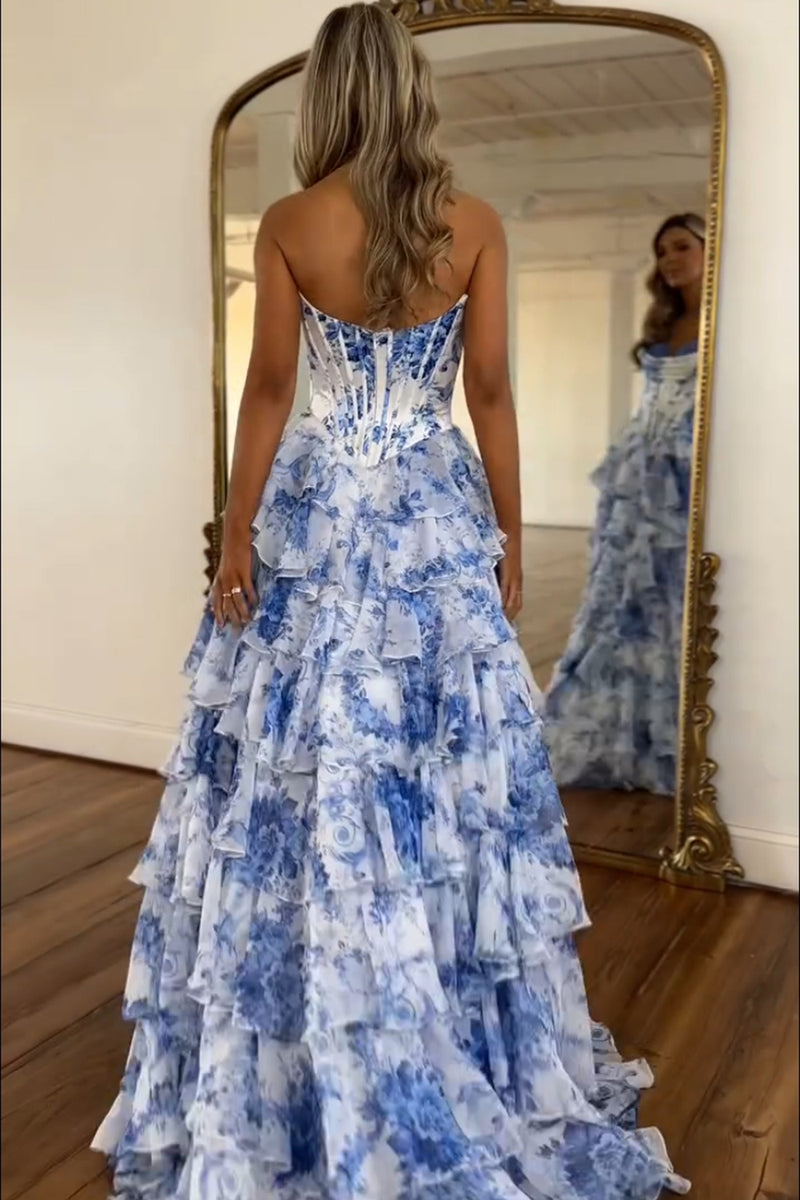 Hellymoon Women White Blue Flower Corset Prom Dress A Line Tiered