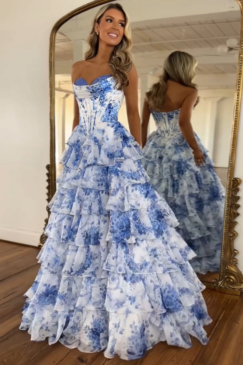 Hellymoon Women White Blue Flower Corset Prom Dress A Line Tiered