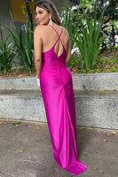 Load image into Gallery viewer, Fuchsia Spaghetti Straps Sheath Satin Ruched Long Prom Dress with Slit