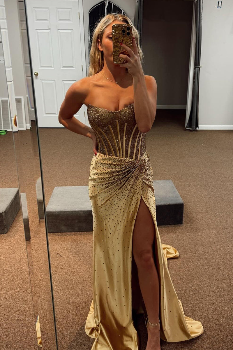 Load image into Gallery viewer, Sparkly Beaded Golden Corset Strapless Long Prom Dress with Slit