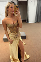 Load image into Gallery viewer, Sparkly Beaded Golden Corset Strapless Long Prom Dress with Slit