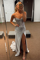 Load image into Gallery viewer, Sparkly Beaded Golden Corset Strapless Long Prom Dress with Slit