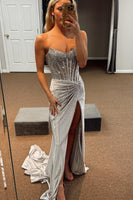 Load image into Gallery viewer, Sparkly Beaded Golden Corset Strapless Long Prom Dress with Slit