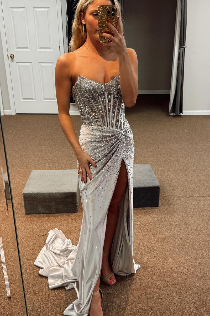 Load image into Gallery viewer, Sparkly Beaded Golden Corset Strapless Long Prom Dress with Slit