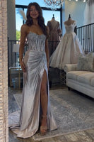 Load image into Gallery viewer, Sparkly Beaded Golden Corset Strapless Long Prom Dress with Slit
