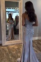 Load image into Gallery viewer, Sparkly Beaded Golden Corset Strapless Long Prom Dress with Slit