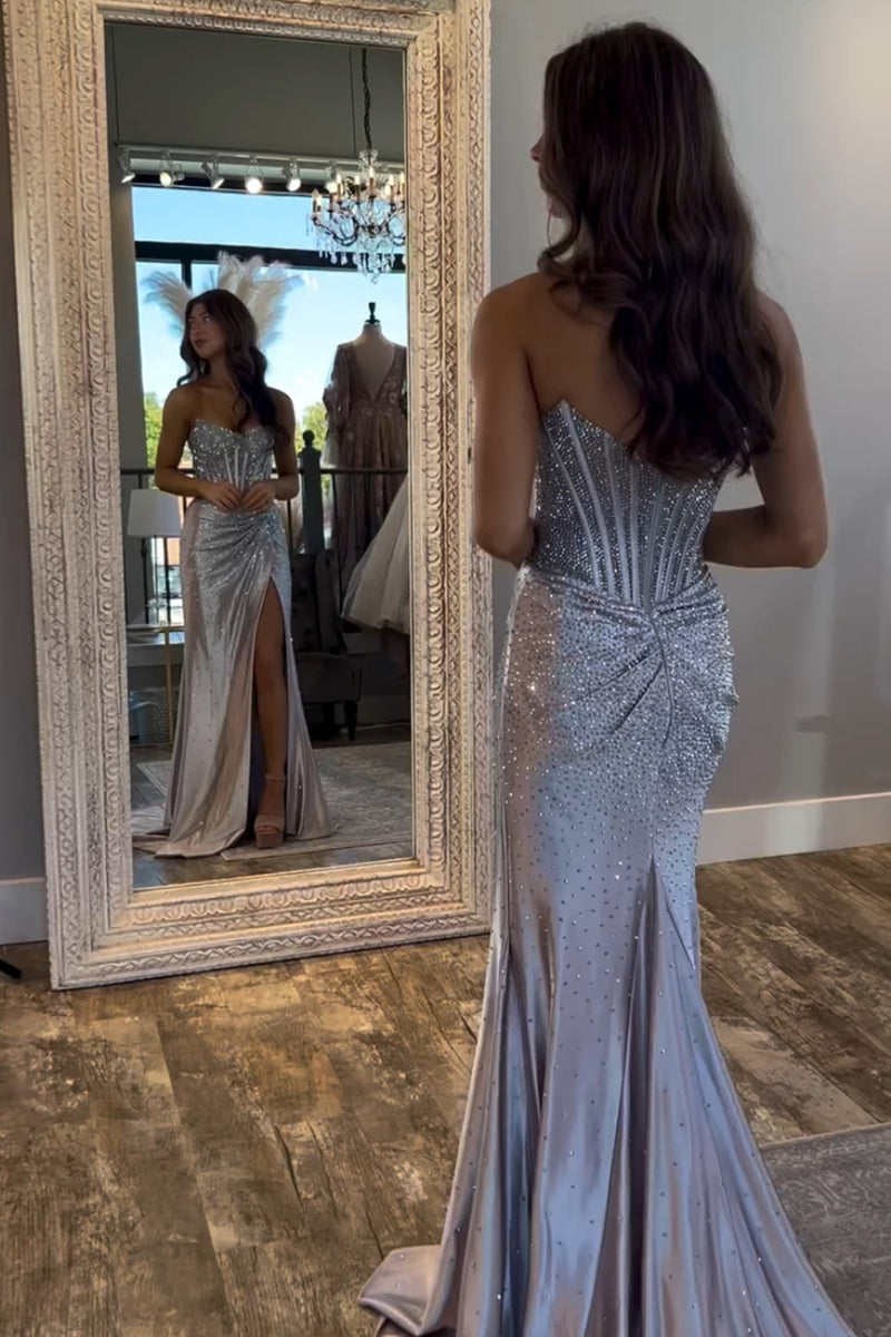 Load image into Gallery viewer, Sparkly Beaded Golden Corset Strapless Long Prom Dress with Slit