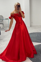 Load image into Gallery viewer, Red Rose A Line Corset Off the Shoulder Prom Dress with Slit